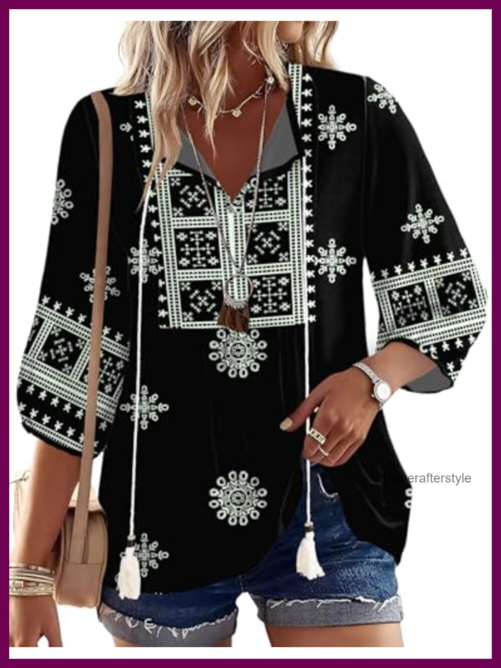 Women's Boho Peasant Tunic Top 3/4 Sleeve V-Neck Tie Front Flowy Blouse